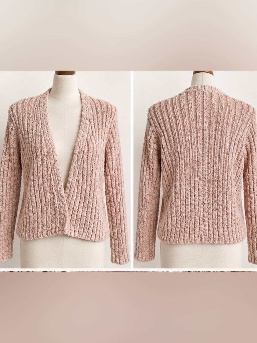 FREE PEOPLE BLUSH PINK TEXTURED OPEN FRONT CHENILLE KNIT CARDIGAN (XS) - Picture 2 of 8